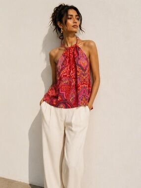 Two Roads Paisley Halter Tank Top Pink Red Orange Made in Canada Size Large